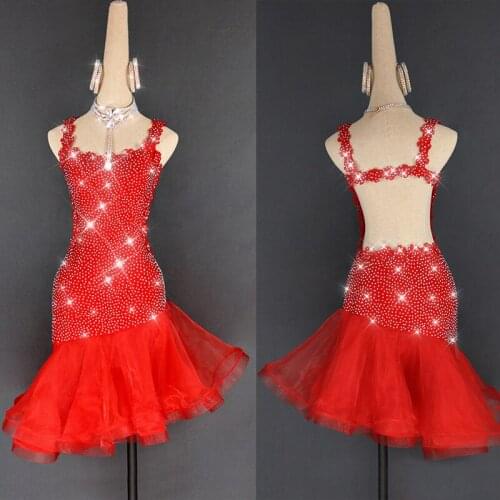 2019 Latin Dance Dress Women Red Dance Dress Full Rhinestone Singer Dancer Professional Competitive Latin Dress VDB110
