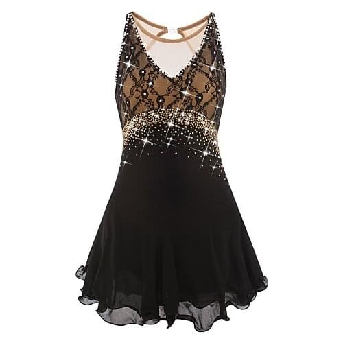 Black Figure Skating Dress Long-Sleeved Ice Skating Skirt Spandex