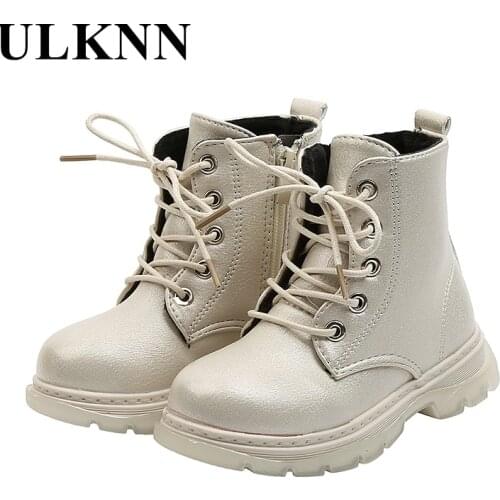 ULKNN Kids Lace Up Pink Martin Round toe Boots 2021 Popular Children Leather Mid-Calf Solid Fashion Winter Boots For Boys&Girls
