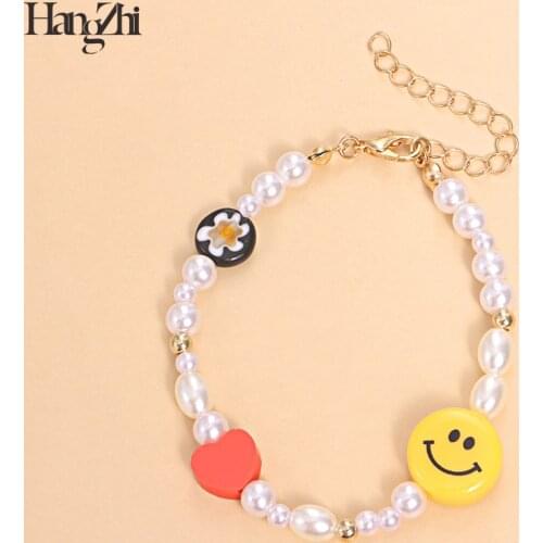 HangZhi 2021 New Glazed Flower Smiley Love Heart Irregular Pearl Soft Pottery Beaded Bracelet Chain for Women Party Jewelry