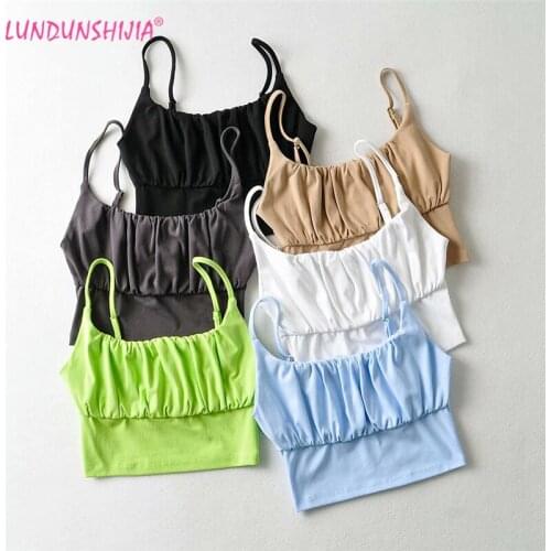 LUNDUNSHIJIA 2021 Summer New Fashion Sexy Women Crop Tops Sleeveless Short Midriff-Baring Folds Solid Cotton Camis 6 Colors