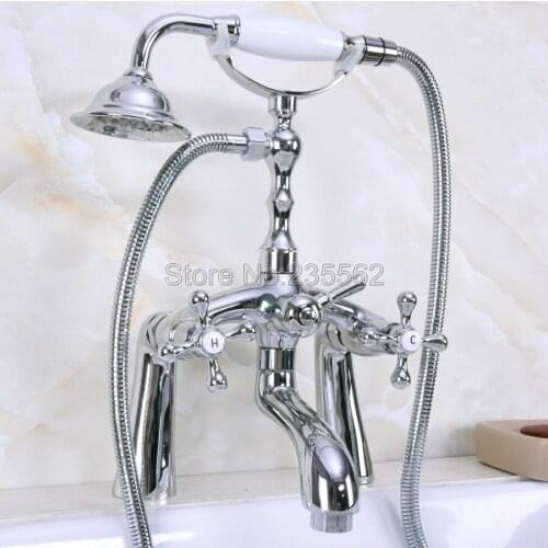 Chrome Double Cross Handles Deck Mounted Bathroom Clawfoot Bathtub Tub Faucet Mixer Tap w/Hand Shower lna123