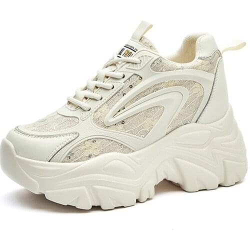 Koznoy 8cm Genuine Leather Super Thick Sole Platform Wedge Women Shoes Chunky Sneakers Hidden Heel Breathable Casual Shoes Comfy