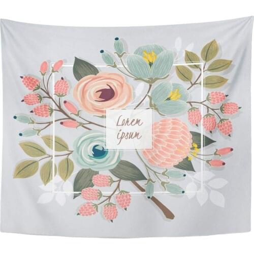 Pink Blossom Blue Border of Beautiful Floral Bouquet with White Light Gray Green Abstract Botanical Tapestry Home Decor