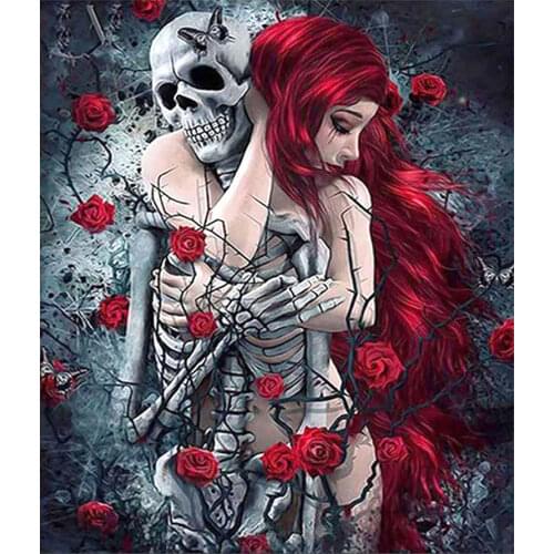 Red Rose Skull & Woman Diamond Painting Round Full Drill Portrait Halloween Nouveaute DIY Mosaic Embroidery 5D Cross Stitch Gift
