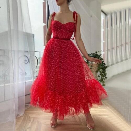 Red Simple Small Round Pattern Evening Dresses A-Line Straps Ankle Length Formal Dress Banquet Gown robe de soriee