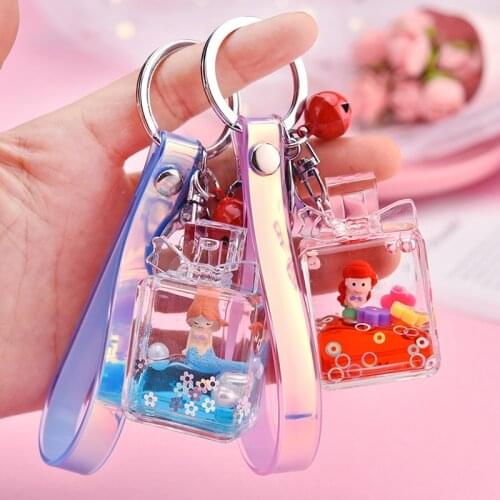 Creative Mermaid Liquid Quicksand Keychain Acrylic Bowknot Perfume Bottle Key Ring Boutique Backpack Pendant Keyfob Gifts