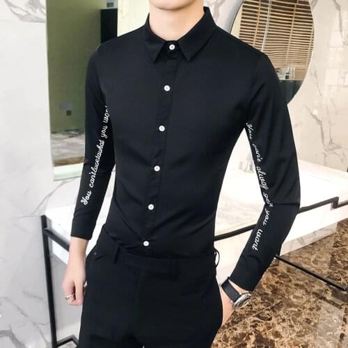Hot Sale Men Solid Shirt High Quality Letter Embroidery Long Sleeved Mens Shirts Casual Slim Fit Night Club/Party Dress Shirts