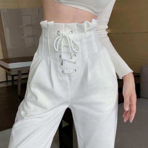 Macrame Design Waist Slim Women High-waist Trousers Autumn 2021 New Fashion Loose-fitting Wide-leg Pants White Casual Pants