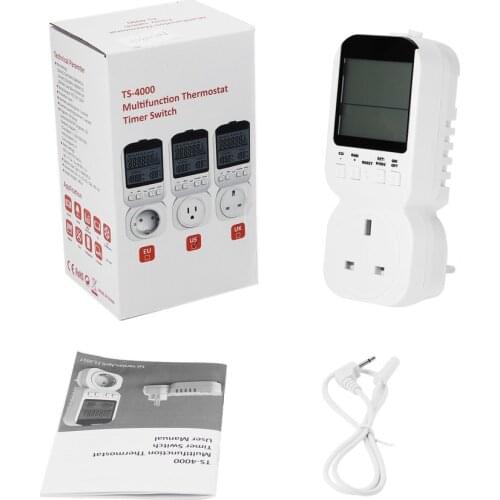 Multi-function LCD Display Thermostat Timer Switch Socket with Sensor Probe Digital Clock Adjustable 12/24 Hour Energy-saving