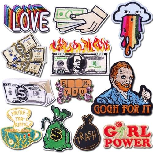 Pulaqi Money Patches Cartoon Patch Badge Embroidered Applique Fusible Patch Van Gogh Letter Patches Iron On Sticker Sewing Badge