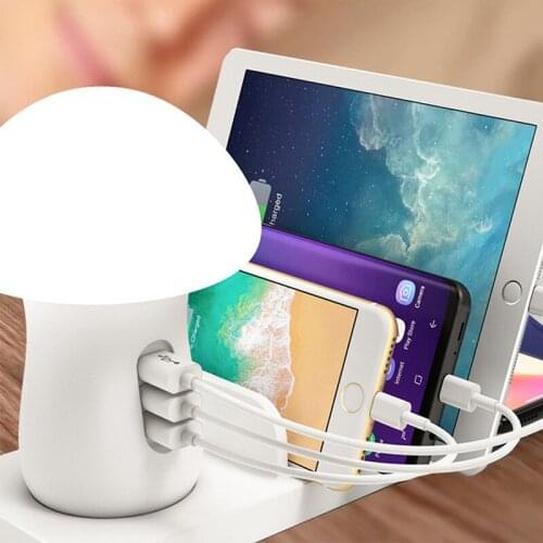 Mushroom Lamp 3 Ports USB Wall Charger Station with Bedside Nightstand Table Lamp Light for IPhone IPad Samsung Android & More