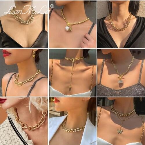 LanMiLa New Necklace 2021 Hyperbole Hiphop Punk Cuban Pendant Metal Thick chains Link Chain Choker Women Jewelry
