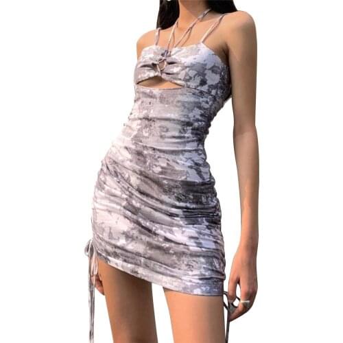 Women Summer Slip Dress, Tie-Dye Spaghetti Strap Lace-Up Sleeveless Tight Braces Skirt with Drawstrings for Girls, Gray