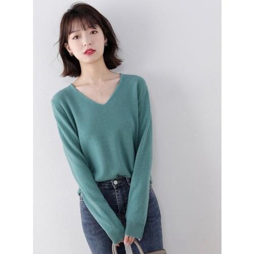 V-Neck Cashmere Sweater Women 2021 Spring Autumn New Loose Pullover Pure Wool Long-Sleeved Base Shirt Knitt All-Match Casual Top