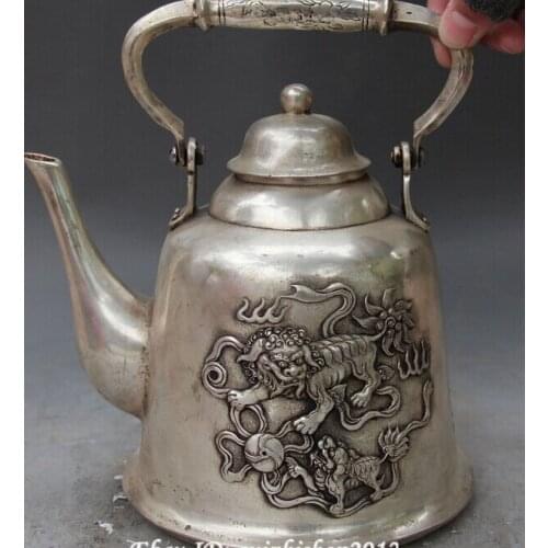 Decoration bronze factory outlets Tibet Silver 9"Marked Chinese Silver Carving Tree Peony Lion Leo Kid Teapot Kettle Pot Statue