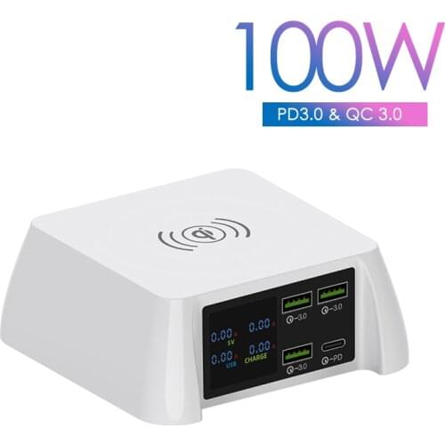 ILEPO 100W PD Fast Charger With LCD Display 15W Wireless Charger QC3.0 USB Charger Adapter Station For iPhone 12/11 Pro Samsung