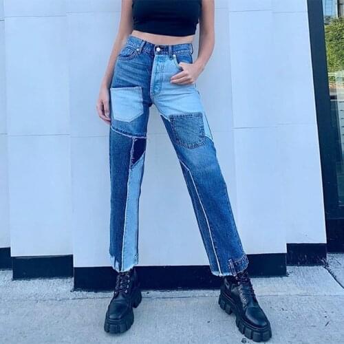 Irregular Pockets Patchwork High Waist Straight Jeans Women Spring 2021 Fashion All-match Two Tone Jeans Lady Vintage Blue Pants