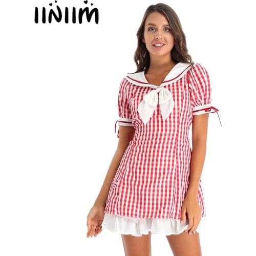 Womens Ladies Schoolgirls Costumes Clubwear Dress Up Sailor Collar Double Layers Plaid Bowknot Dress Ruffle Belted Dresses