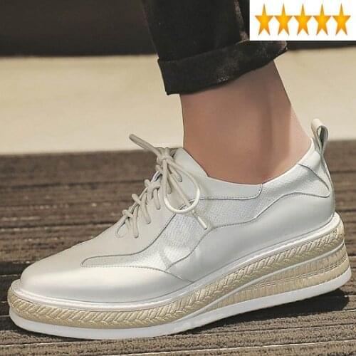 Brand Luxury Leisure 2021 Woman White Black Casual Square Toe Ladies Shoes Large Size Lace Up Faux Leather Wedges Pumps