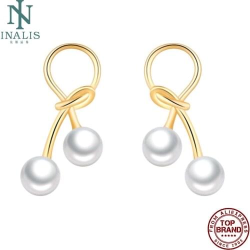 INALIS Golden Stud Earrings For Women Knot Shape Earring Inlay Imitation Pearl Charm Festival Gift Fashion Jewelry Free Shipping