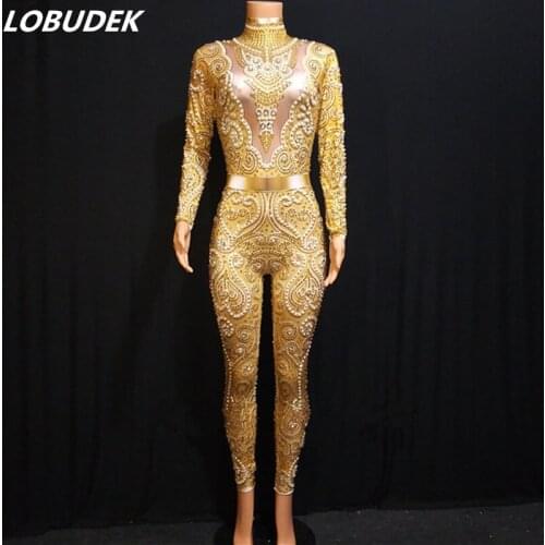 Gold Yellow/Silver Gray Pearls Rhinestones Jumpsuit High-end Women Stage Costume Nightclub Singer Host Performance Dance Wear