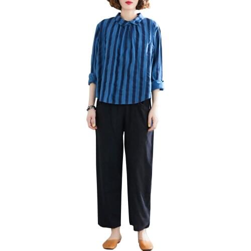 2 Piece Women Outfits Striped Button down Long Sleeves Blouse Loose Pants with Pockets Casual Femme Suits 2021 Spring