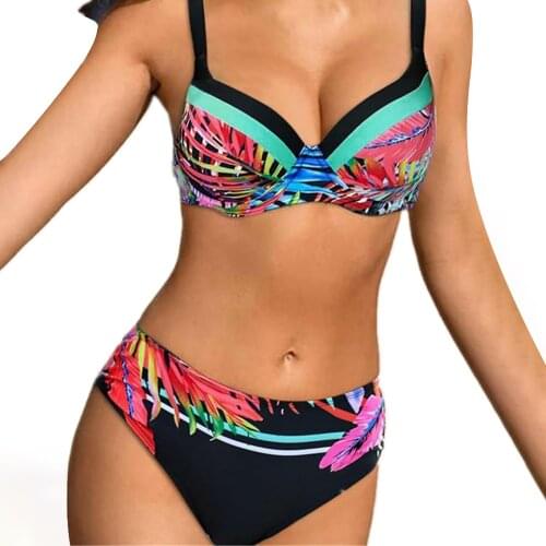 Leaf Printed Swimwear Women Bandeau Swimsuit Solid Color Straps Bikini Double Strap High Waist Split Swimsuit Купальник @40