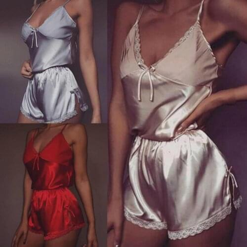 Women Sexy Lingeries set Lace Crop Top shorts pajamas set Sleepwear Satin pijama Nightwear pyjama femme Night suit drop shipping