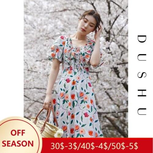 DUSHU 100% Cotton Office Lady Lace Retro Puff Sleeve Dress 2021 Summer New Style Square Neck Dress Dresses For Women