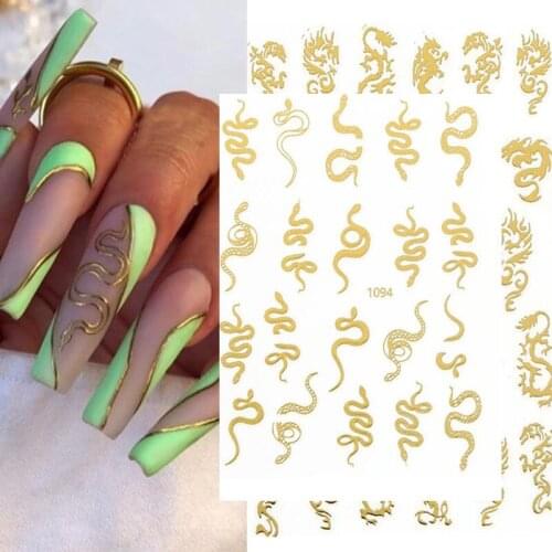 3D Gold Snake Dragon Nail Art Stickers Self Adhesive Laser Snake Dragon Pattern Nail Decals Tip Manicure Nail Art Decoration