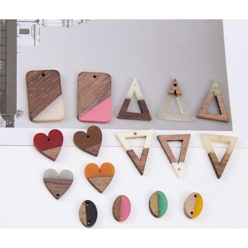 6pcs New Fashion Korea Geometric Earrings Wood and Resin Splicing Earrings Triangle Heart-shaped Oval pendant Diy Accessories