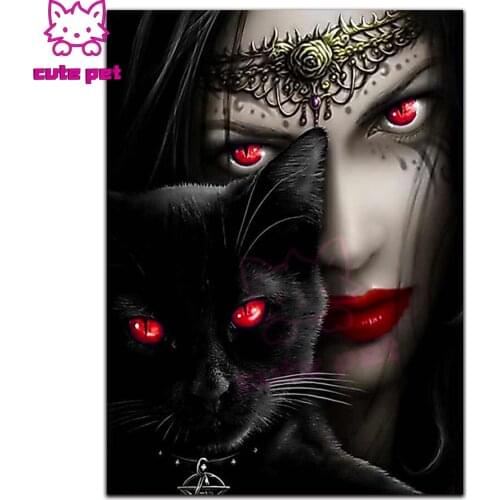 5D DIY Diamond Painting Vampire woman with black cat Handmade Home Decor Full Drill Cross stitch Diamond Embroidery Holiday gift