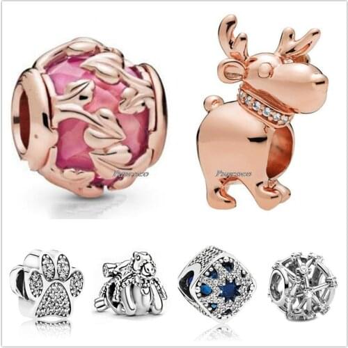 Authentic 925 Sterling Silver Cute Bears Paw With Crystal Charm Beads Fit Women Pandora Bracelet & Necklace Jewelry