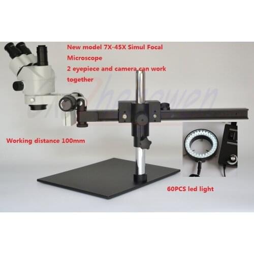 FYSCOPE 7X~45X Simul Focal Trinocular Guide Stereo Zoom Microscope PCB Inspection Microscope + 60 led light
