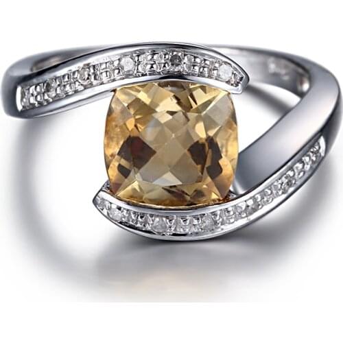 HELON Solid 10K White Gold Flawless Cushion 8x8mm Genuine Natural Citrine Diamond Engagement Wedding Ring For Women Fine Jewelry