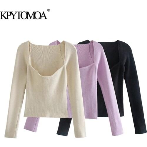 KPYTOMOA Women 2021 Fashion Sweetheart Neck Cropped Knitted Sweater Vintage Long Sleeve Fitted Female Pullovers Chic Tops