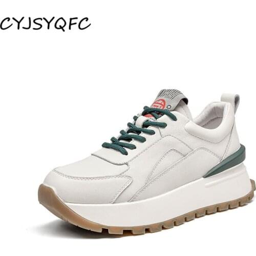CYJSYQFC Women Sneakers Flat Platform Shoes Spring Autumn Genuine Leather Round Toe Comfortable Thick Bottom Casual Ladies Shoes