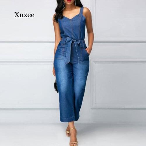 Summer Womens New Casual Womens Denim Jumpsuit Color Solid Color Thin Strap Ladies Jumpsuit