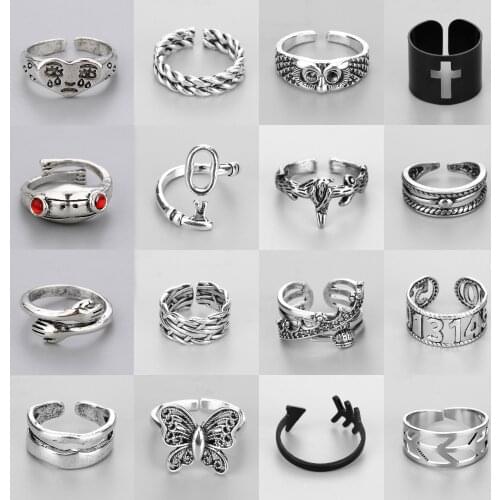 Snake Rings Black Silver Color Metal Punk Open Adjustable Design Cross Exaggerated Finger Crying Face Ring for Women Men Ring