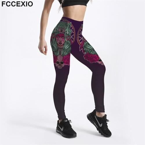 FCCEXIO New Punk Style Workout Leggings High Waist Fitness Legging Bear Skull Print Leggins Women Pants Large Size Leggin Mujer