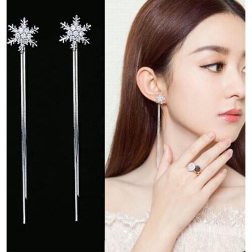 New Elegant Long Pendant Snowflake Female Silver Tassel Earrings Jewelry for Women Exquisite Zircon Rhinestone Earring Girl Gif