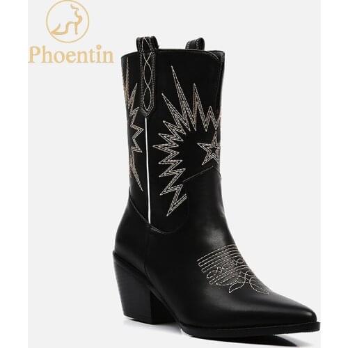 Phoentin sewing star ankle boot wedge black 2019 British pointed toe white boots high heels womens shoes plus size 45 FT753