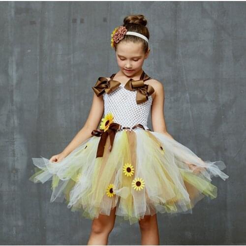 Princess Birthday Party Tutu Dressed for Girls Summer Sunflower Sling Dress Children Pegeant Costume with Headband Gown Vestidos