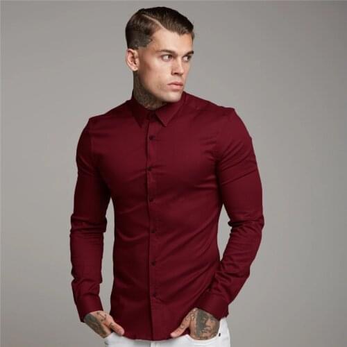 Autumn Fashion Long Sleeve Shirt Men Solid Super Slim Fit Casual Social Business Dress Shirt Men Gym Fitness Sports Clothing