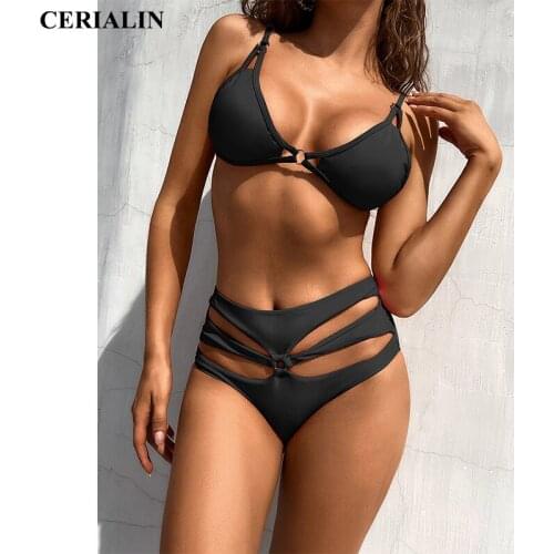 Sexy Hollow Out Bikini Set Solid Color Swimsuit Women Push Up Swimwear Summer Female Split Swimming Bathing Suit Thong Biquini