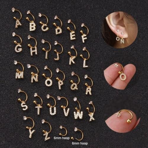 1PC 26 English Letter Zircon Pendant Hoop Ear Cartilage Earrings Stainless Steel Initial Ear Puncture Helix Piercing Earring