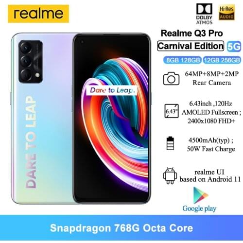 Realme Q3 Pro Carnival Edtion 5G Mobile Phone 6.43" Snapdragon 768G Octa Core 64MP Triple Camera 4500mAh Smartphone 8GB 128GB
