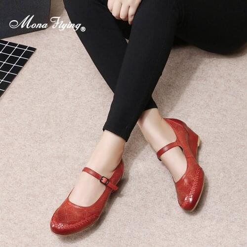 Mona Flying Women‘s Genuine Leather Mary Jane Wedge Pumps Round-Toe High Heel Dress Shoes for Women Ladies 078-G1