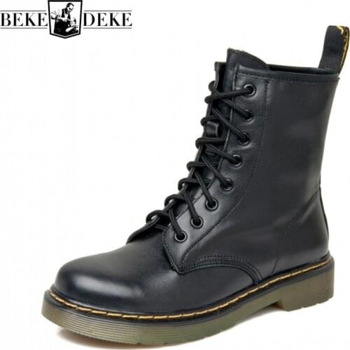 Fashion British Style New Lace Up Flat Biker Boots Round Toe Vintage Black Womens Elegant Outdoor Boots High Street 2021 Winter
